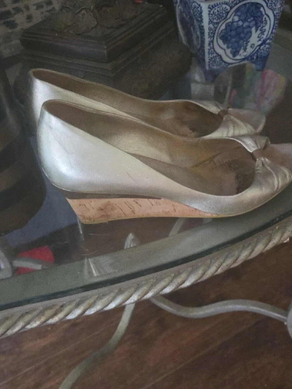 Gucci Metallic Gold Peep-Toe Wedge Heels with Front Knot